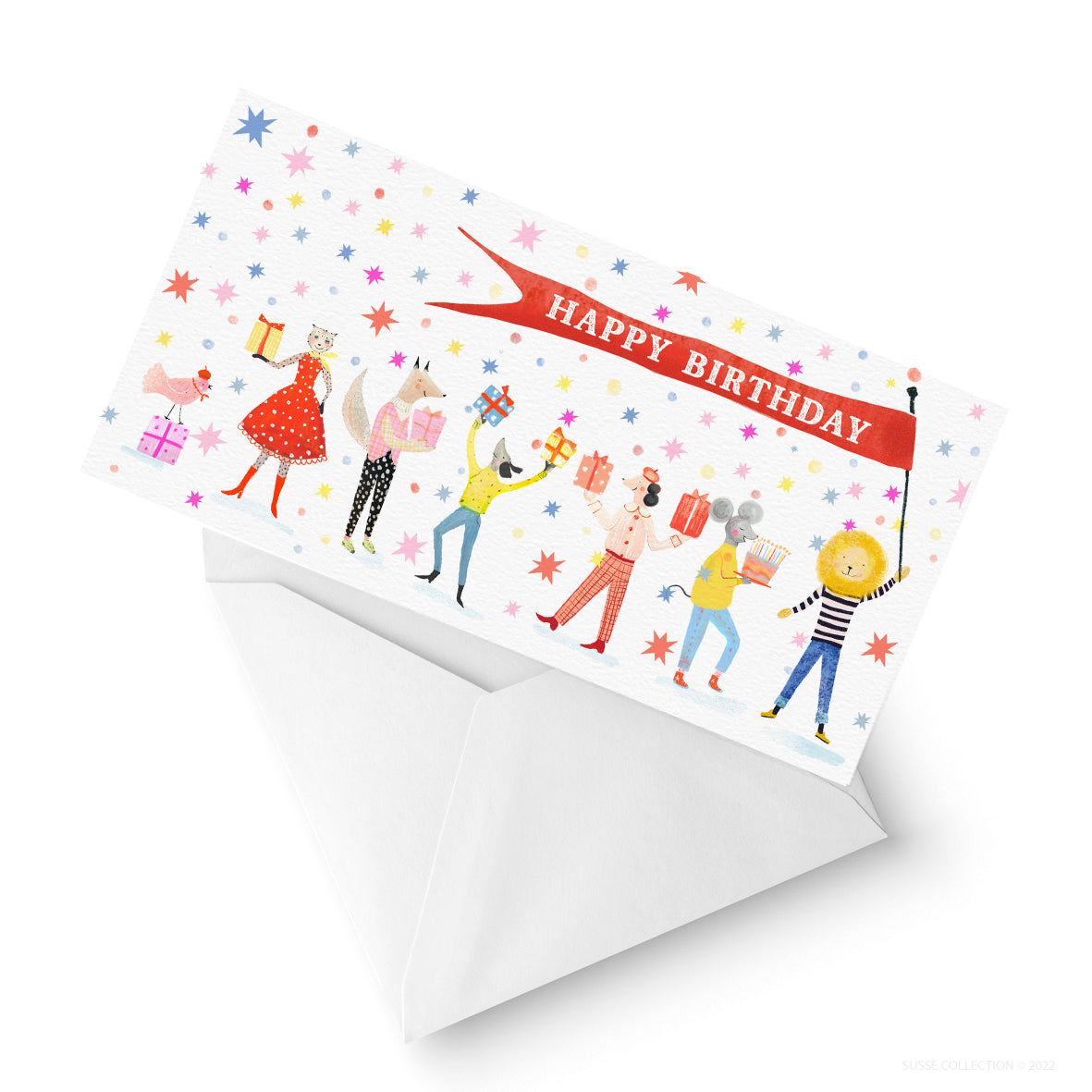 Happy Birthday English Pack of 10 Square Folded Cards illustrated by Susse Linton -inside
