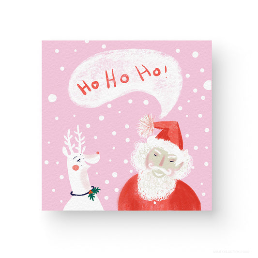 Pink  Square Greeting Card Text Ho Ho HO santa and Rudolph laughing. illustrated by Susse Linton